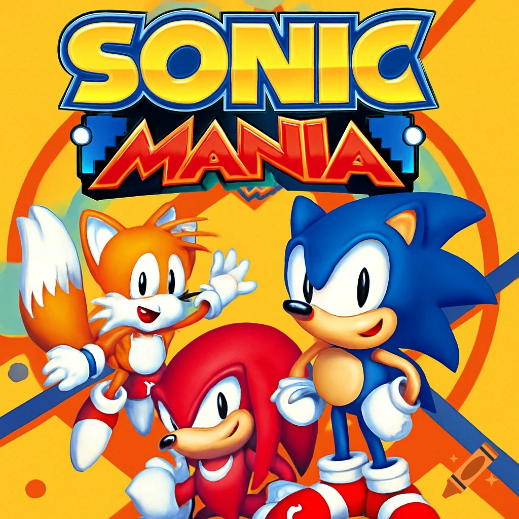 Sonic, Tails, and Knuckles pose under the Sonic Mania logo.