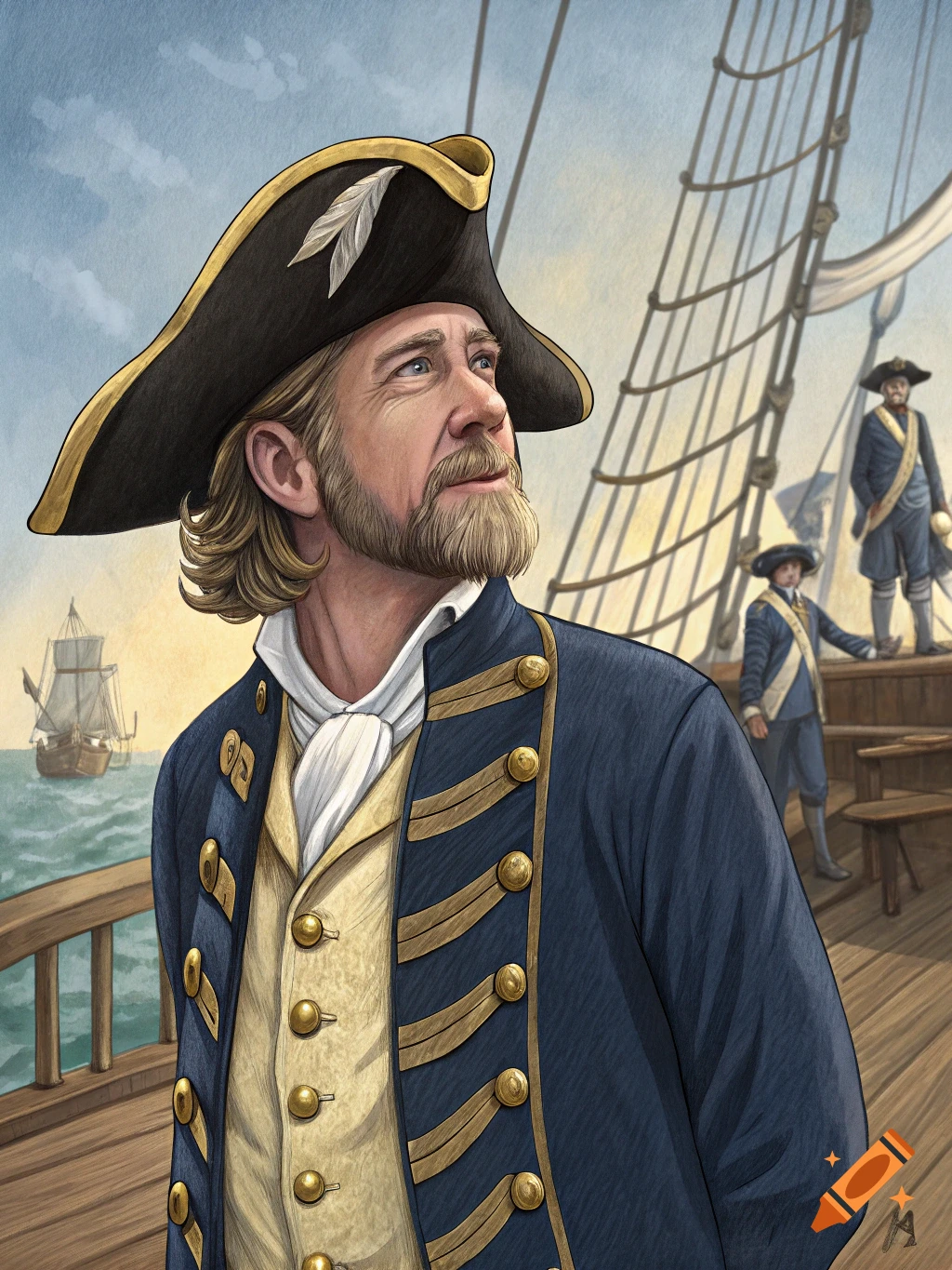 Portrait of a man in 18th-century naval uniform on a ship deck.