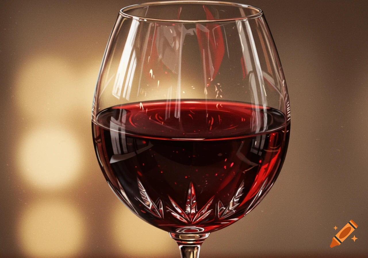 A close-up photorealistic image of a wine glass filled with red wine.