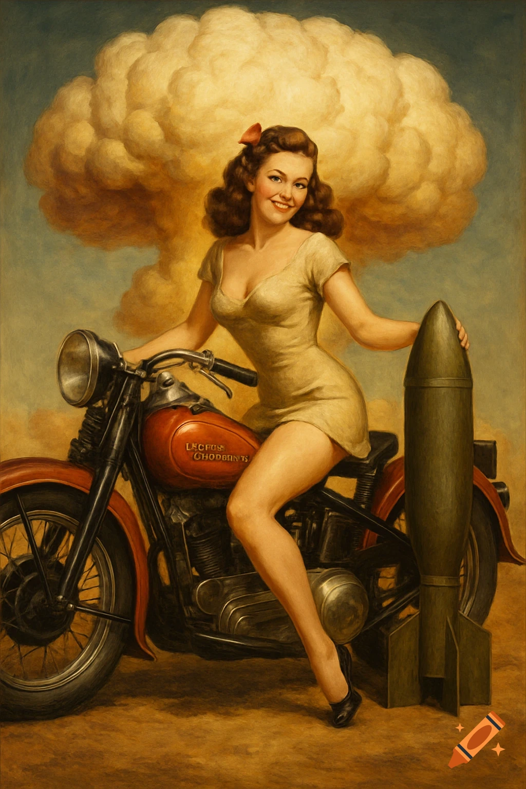 A pinup girl sits on a motorcycle next to an atomic bomb as an explosion forms a cloud behind her, painted in a classic style.