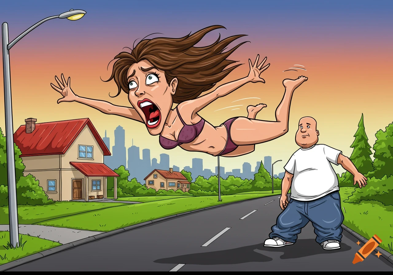 A cartoon woman in underwear flies screaming through the air above a suburban street, with a man watching below.