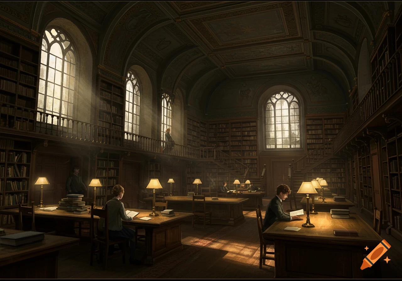A grand, old library with arched windows, illuminated by sunlight, where students are reading at tables among towering bookshelves.
