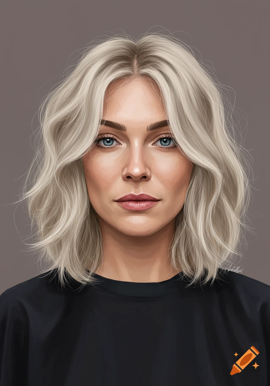 Digital painting of a woman with wavy blonde lob haircut.