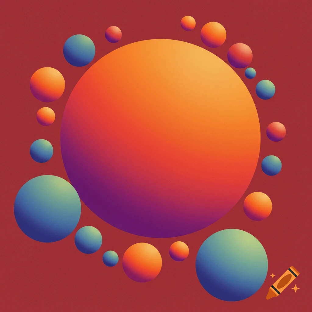 Abstract image of a large colorful gradient sphere surrounded by smaller gradient spheres on a red background.