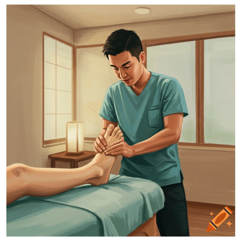 A person gives a foot massage to someone lying on a massage table in a room. Illustration style.