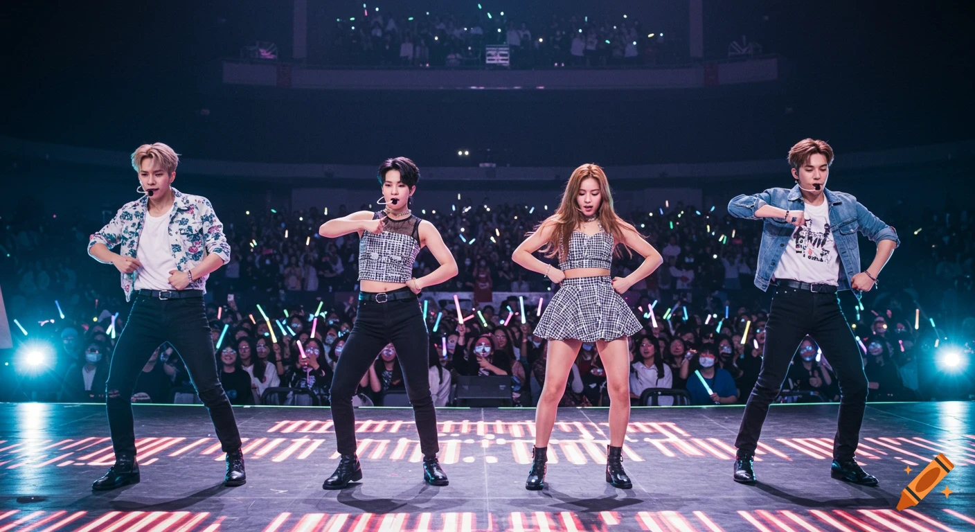 Four Kpop idols dancing on a brightly lit stage with a large audience holding light sticks.