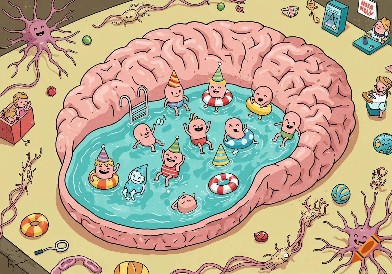 Cartoon illustration of a brain-shaped pool party with tiny figures, neurons, and microbes.