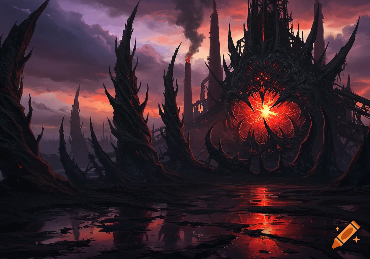 Dark fantasy scene of a demonic factory with glowing red core, spiky structures, smokestacks, and reflections in water under a dramatic sky.