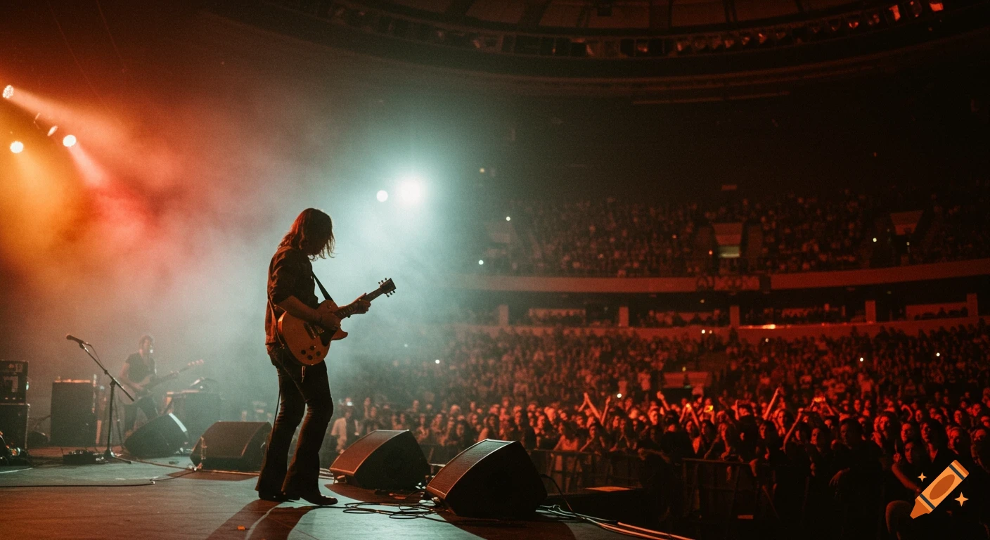 Silhouette of guitarist playing on stage at a rock concert.