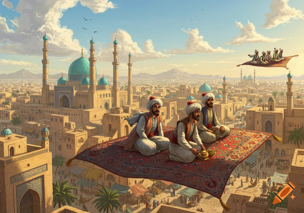 Arabian men flying on magic carpets over an ancient city, illustration style.