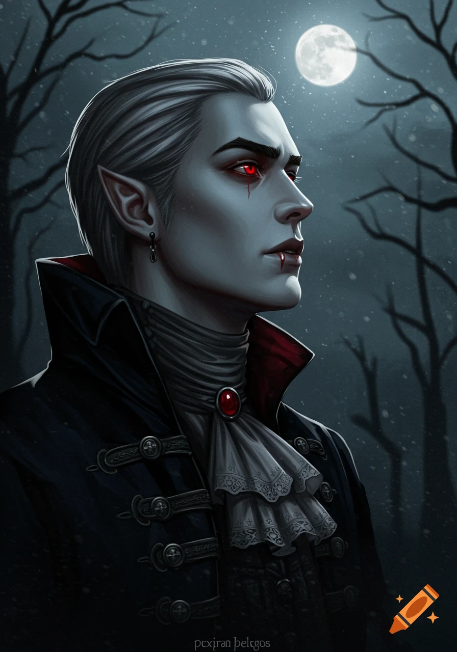 Illustration of a vampire with red eyes and fangs looking at the moon