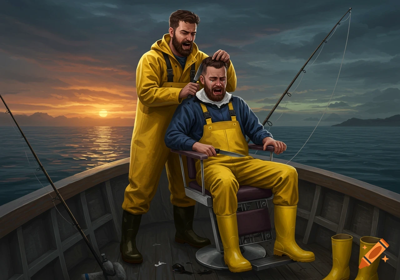 Illustration of two fishermen on a boat at sunset, one crying in a chair while the other holds a knife near his head.