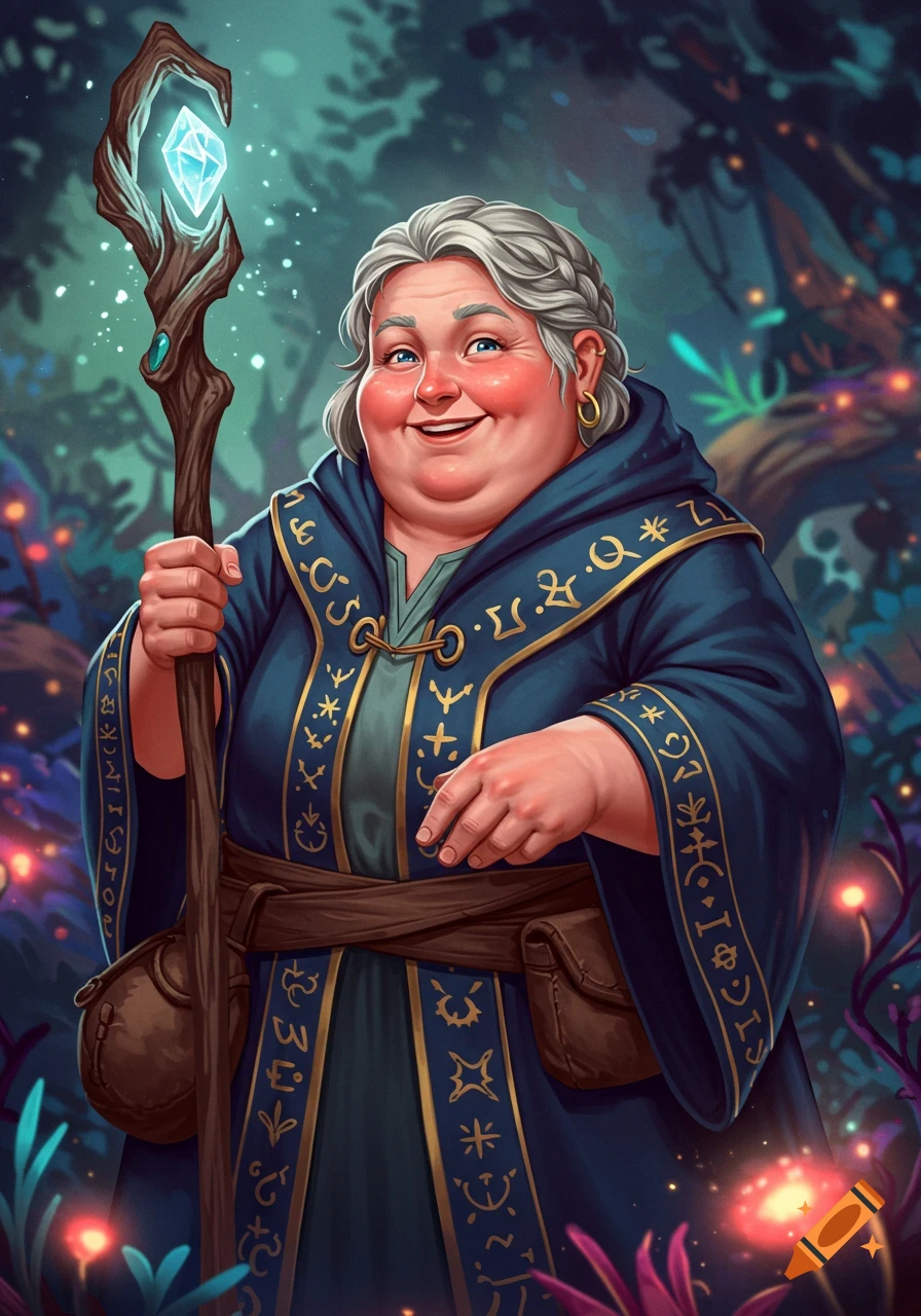 Smiling older woman in a blue wizard robe holding a staff, against a forest background.