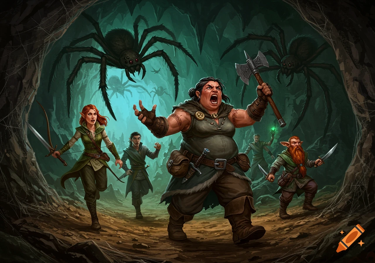 Fantasy illustration of adventurers battling giant spiders in a cave.