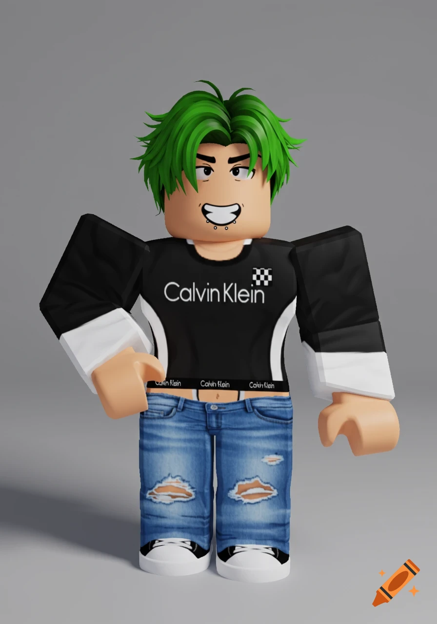 A Roblox avatar with green hair, piercings, wearing a black and white racing shirt, ripped jeans, and showing a Calvin Klein underwear band.
