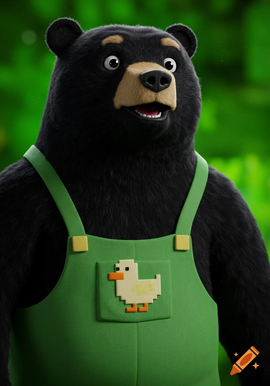 A cartoon 3D rendering of a black bear in green overalls with a pixel art duck emblem.