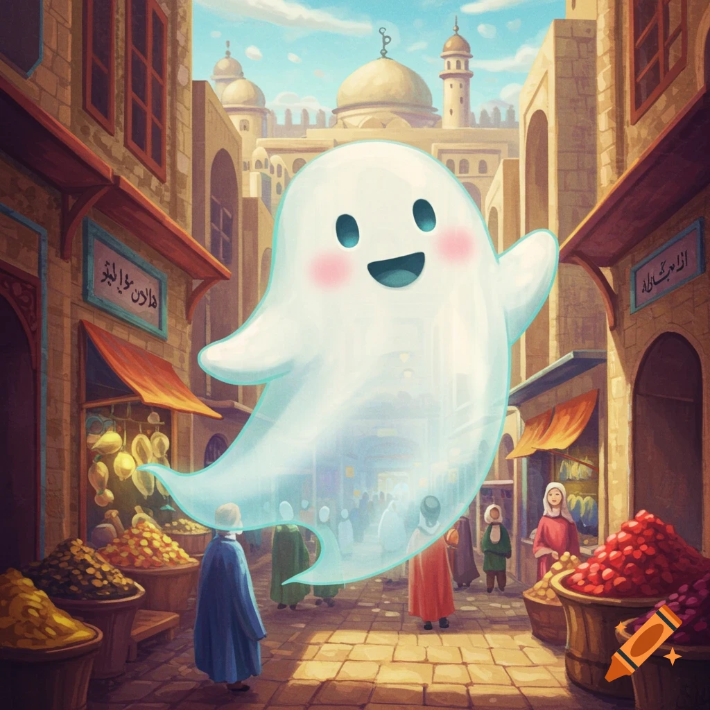 A cute, happy ghost floats over a bustling market street in a digital painting.