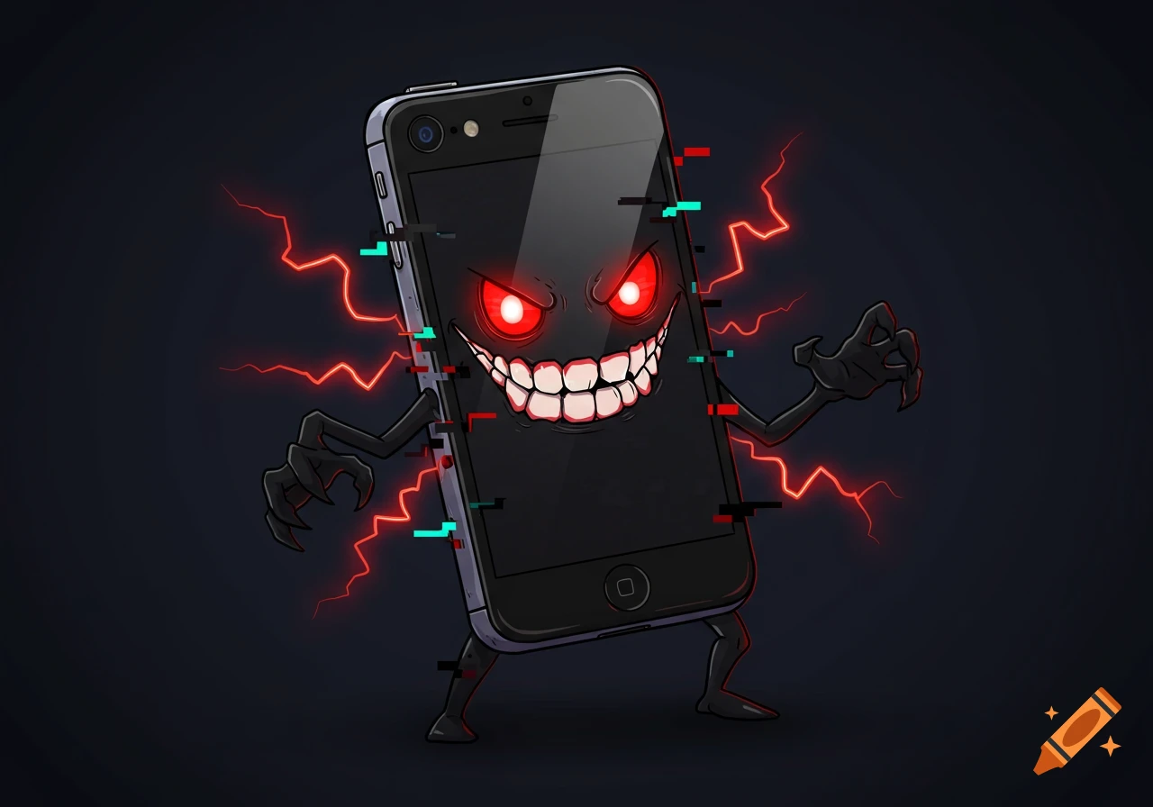 Cartoon evil iPhone character with red eyes, sharp teeth, glitch effects, and dark lighting.