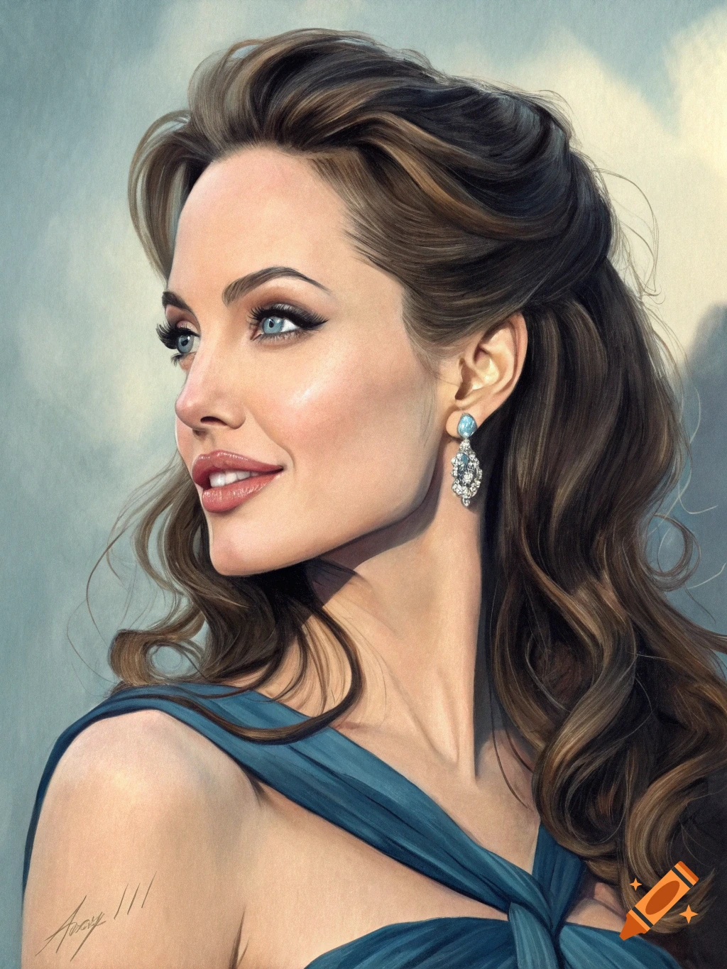 Realistic portrait illustration of a woman resembling Angelina Jolie wearing a blue dress and earring.