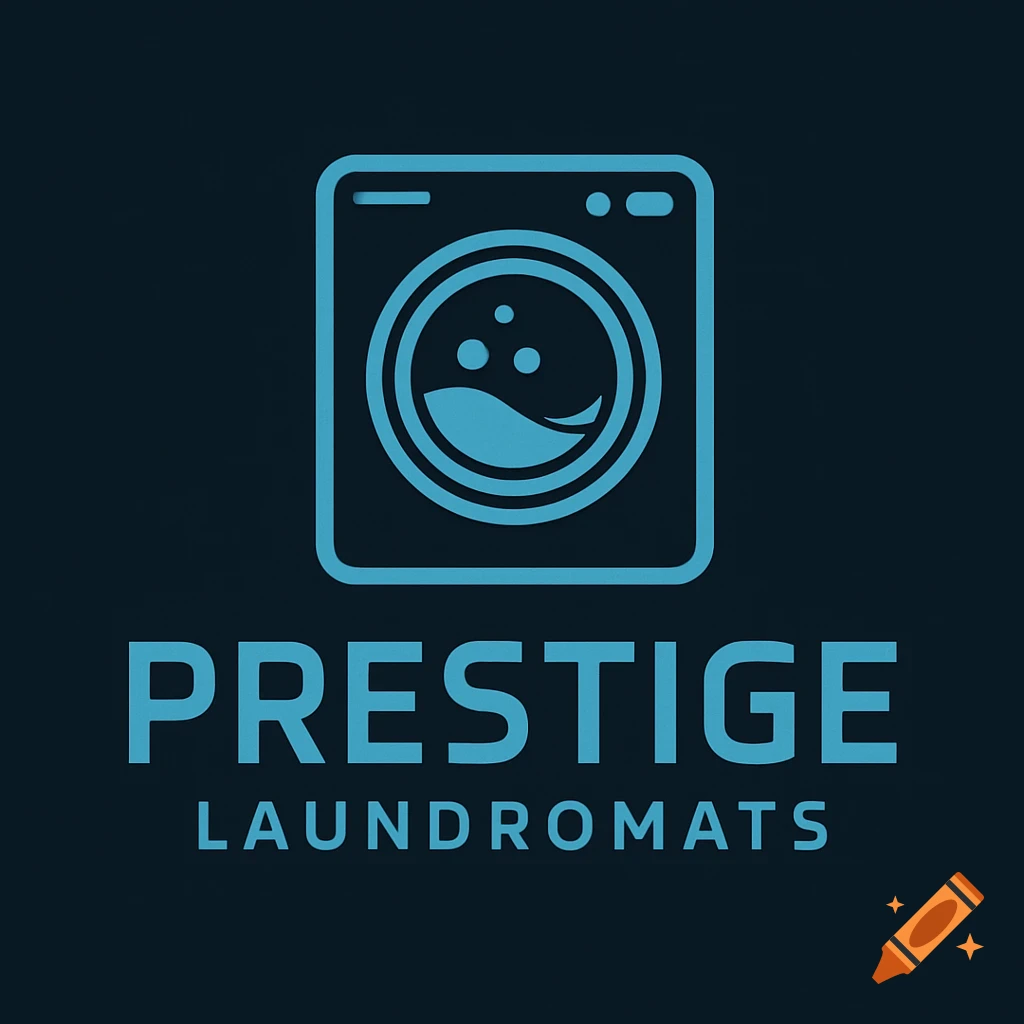 Sleek blue logo with washing machine icon and text 'PRESTIGE LAUNDROMATS' on dark background