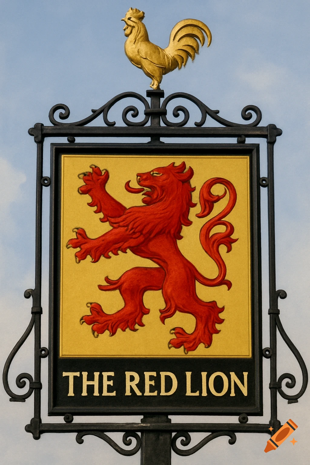 British pub sign for 'THE RED LION' featuring a red lion rampant and a golden cockerel.