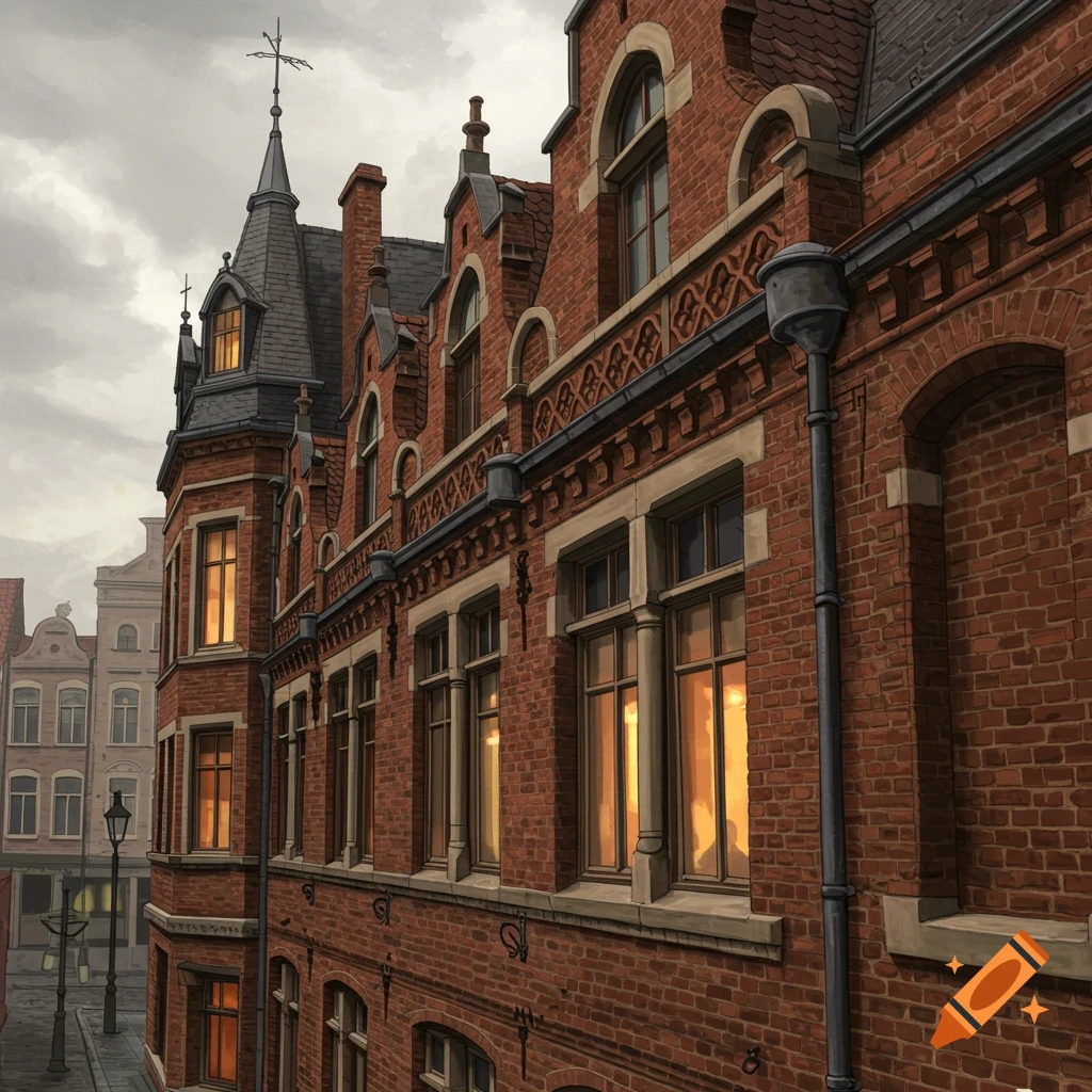 Detailed illustration of an old brick building facade with many windows overlooking a street.