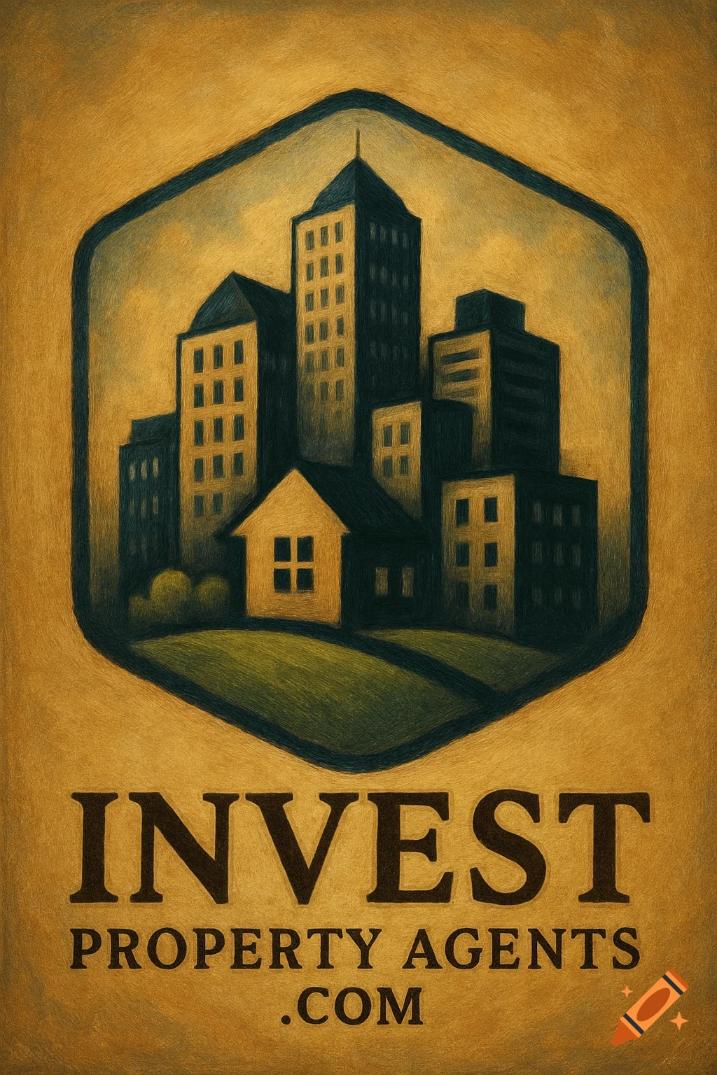Stylized logo with skyline and house inside a hexagon, text below reads 'INVEST PROPERTY AGENTS .COM'.