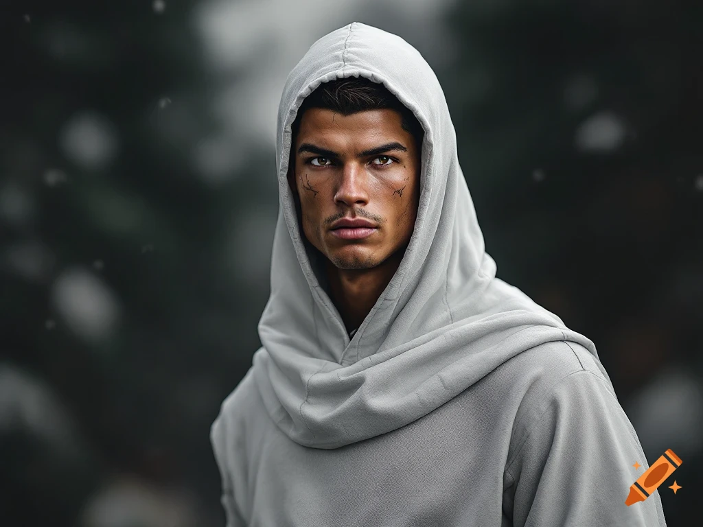 Realistic portrait of a man resembling Cristiano Ronaldo wearing a grey hood.