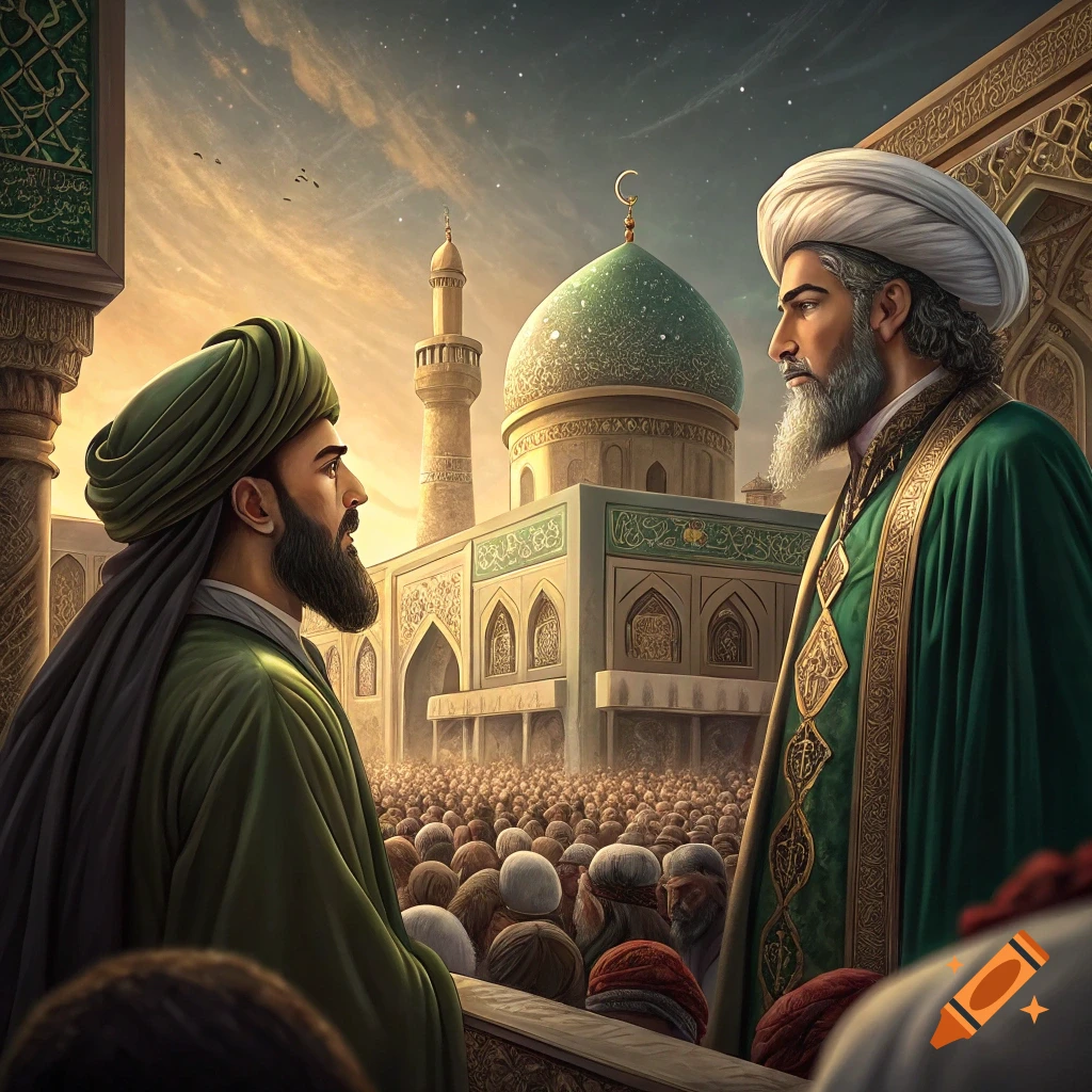 Two men in historical robes and turbans overlook a large crowd gathered before a mosque at sunset.