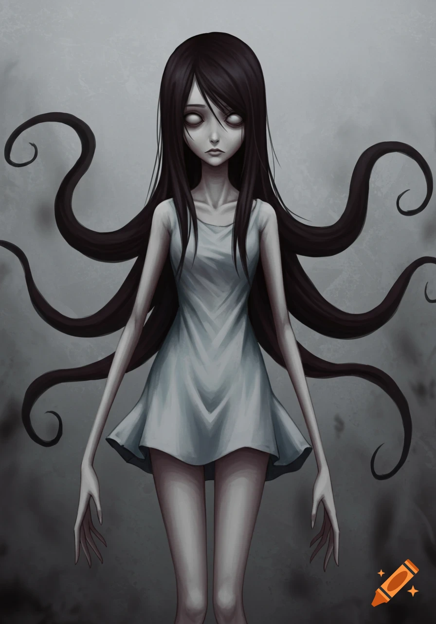 Stylized illustration of a gaunt girl with long, dark, tentacle hair in a creepy, grey setting.