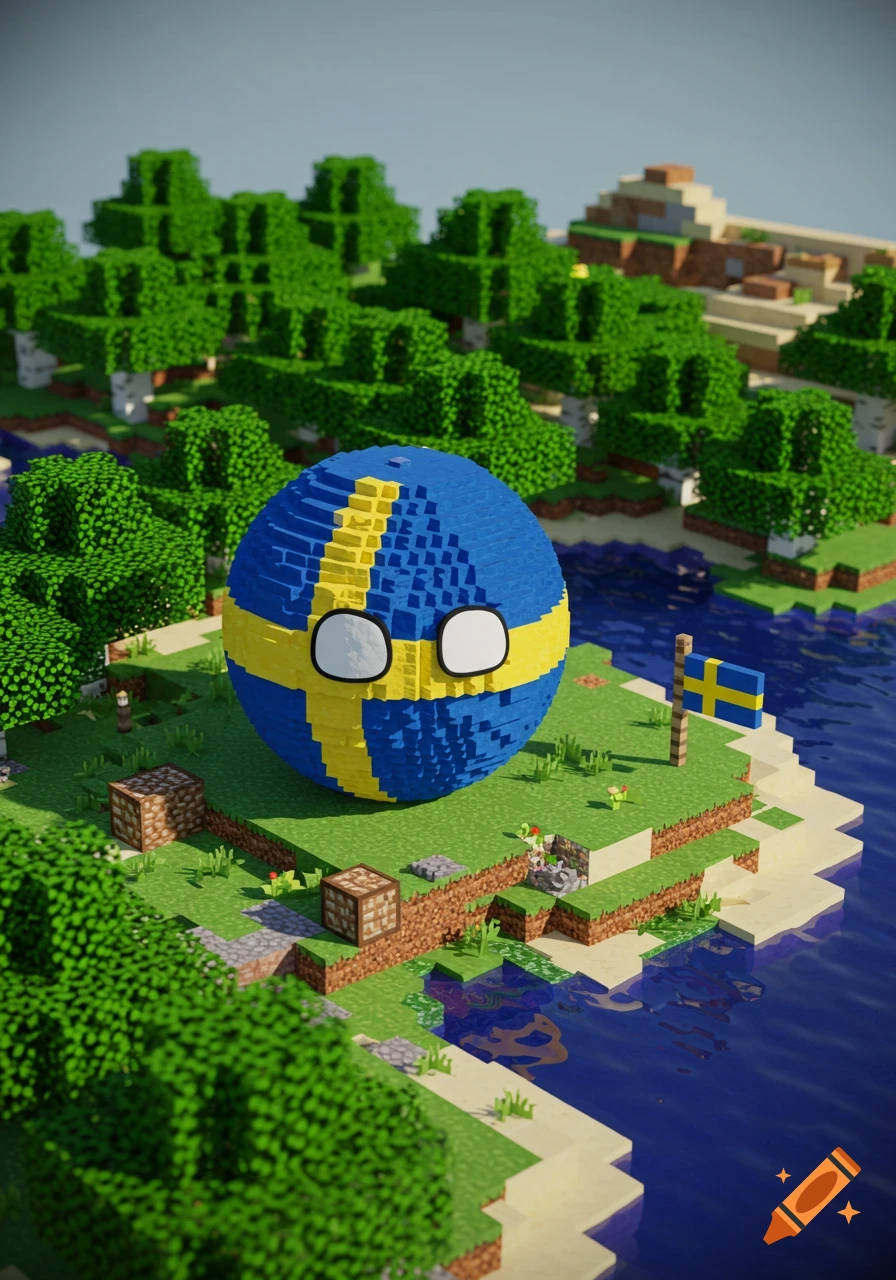 Sweden Countryball rendered in a Minecraft world with a Swedish flag.