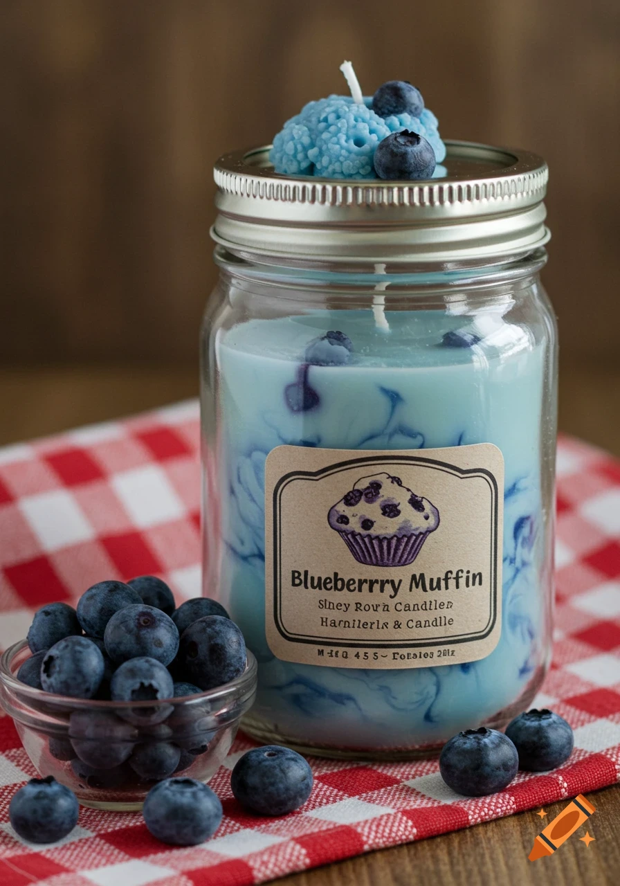 Rustic photo of a blueberry muffin candle in a jar with fresh blueberries on a checkered cloth.