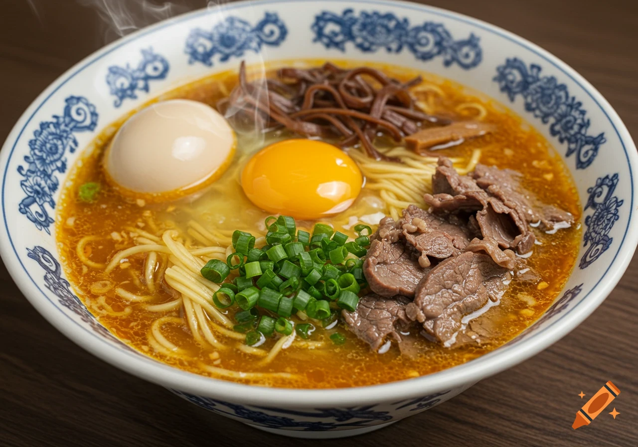 Close-up view of a bowl of ramen with noodles, soft-boiled egg, raw egg yolk, sliced beef, green onions, and broth in a decorative bowl.