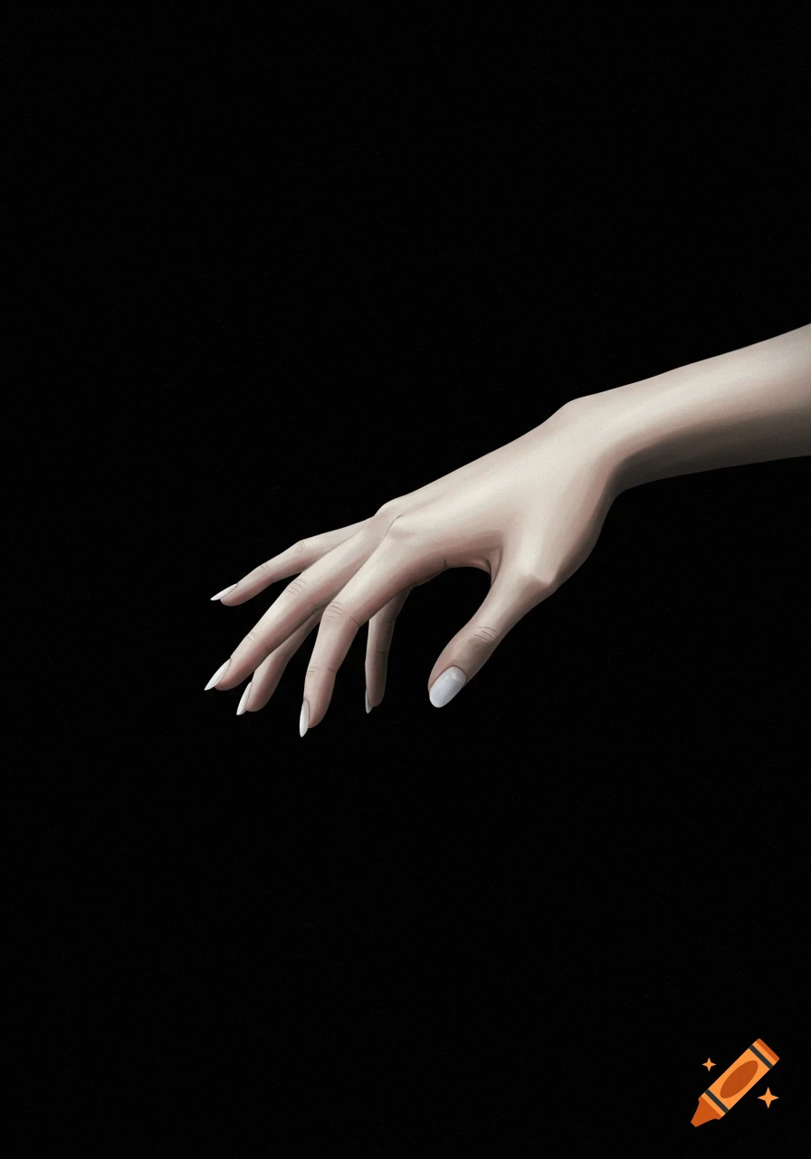 A pale hand with light nail polish reaches into a black void. Digital art.