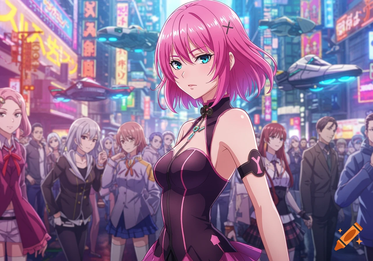 Anime illustration of a pink-haired girl standing in a futuristic city street with flying vehicles and other characters.