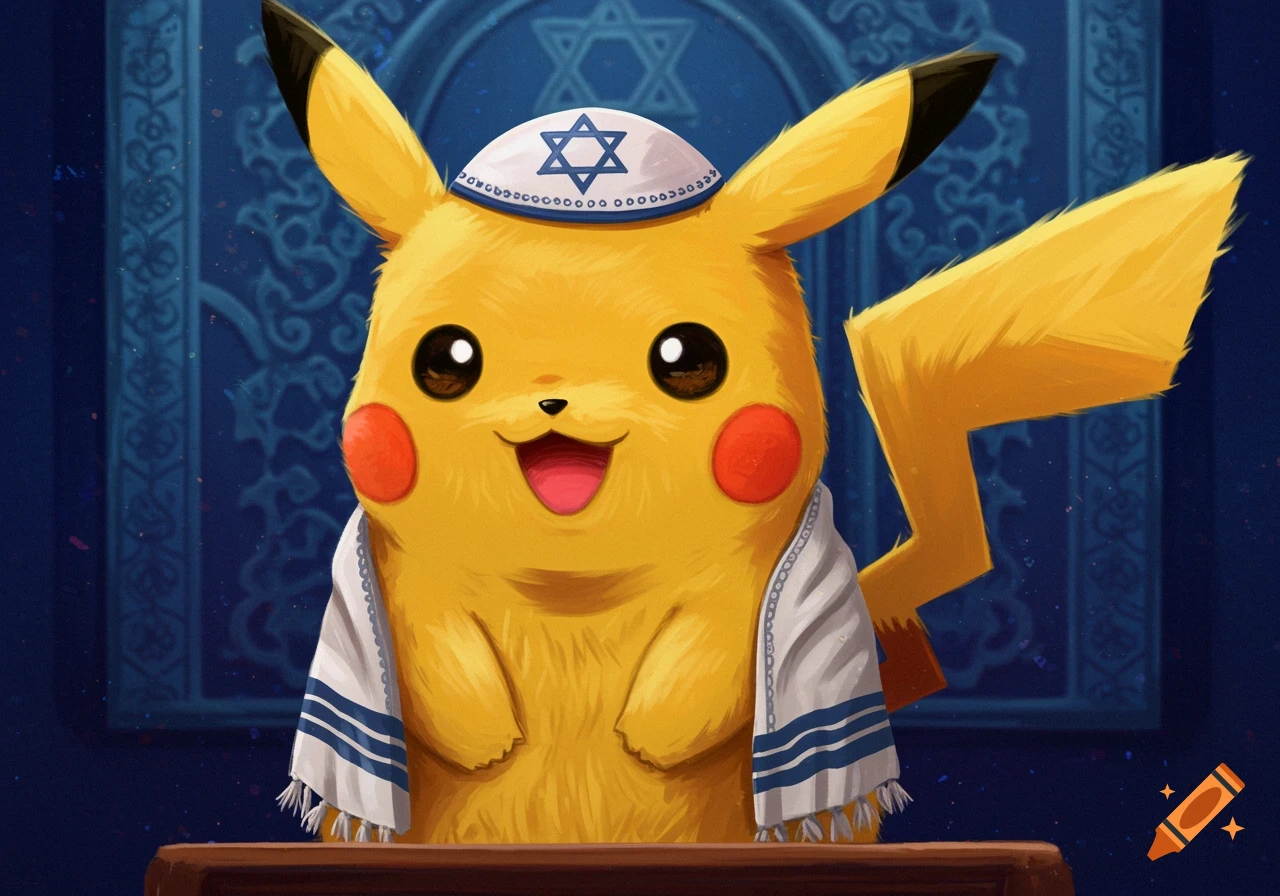 Pikachu wears a white kippah with a Star of David and a striped tallit.