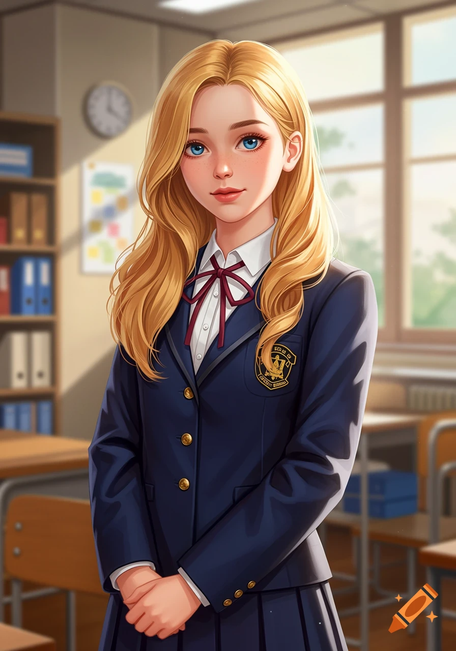 An illustration of a blonde teen girl in a school uniform standing in a classroom.