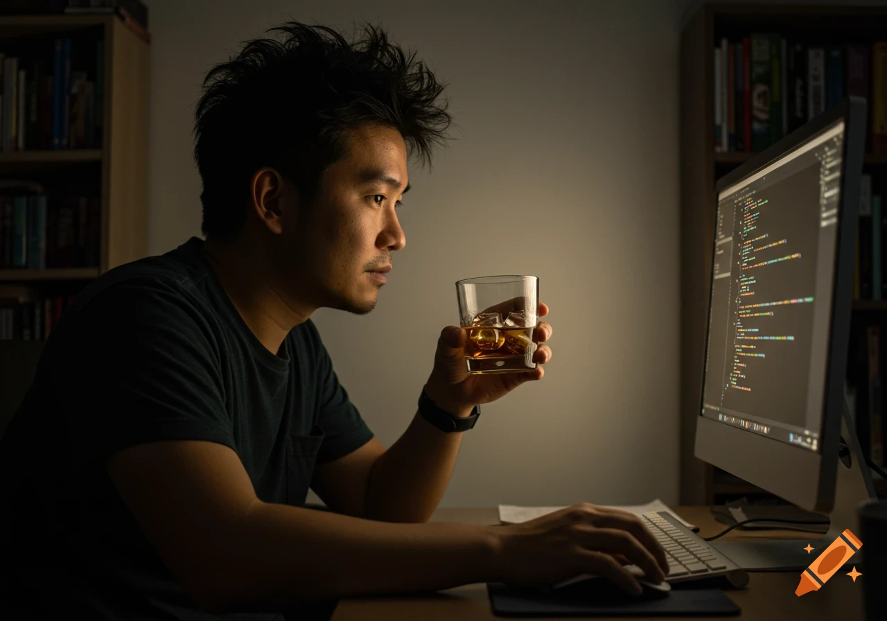 Man holding a drink while coding on a computer