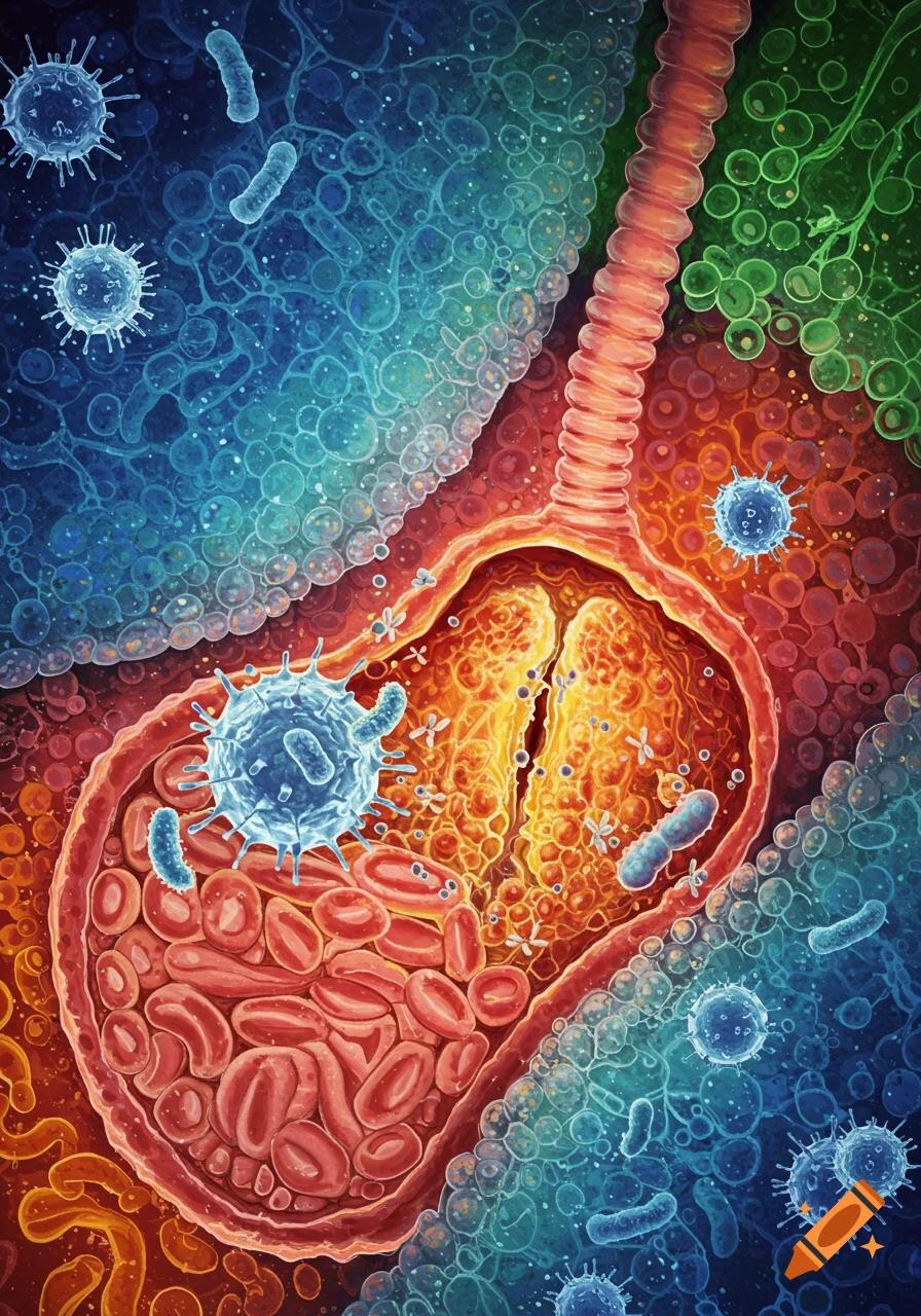 Detailed illustration of blood cells within a vessel, surrounded by viruses and bacteria.