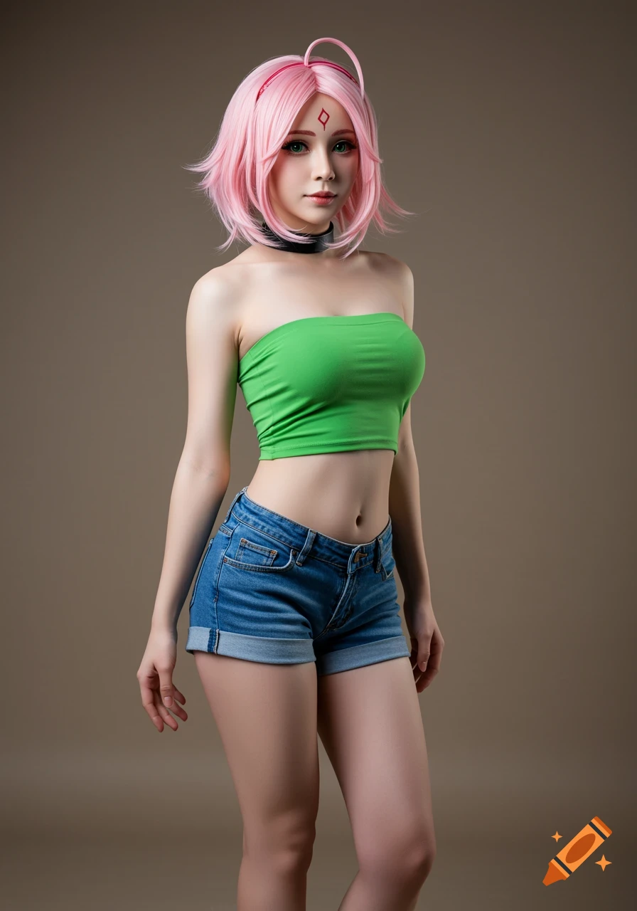 Photorealistic image of a person cosplaying Sakura Haruno in a green tube top and blue denim shorts