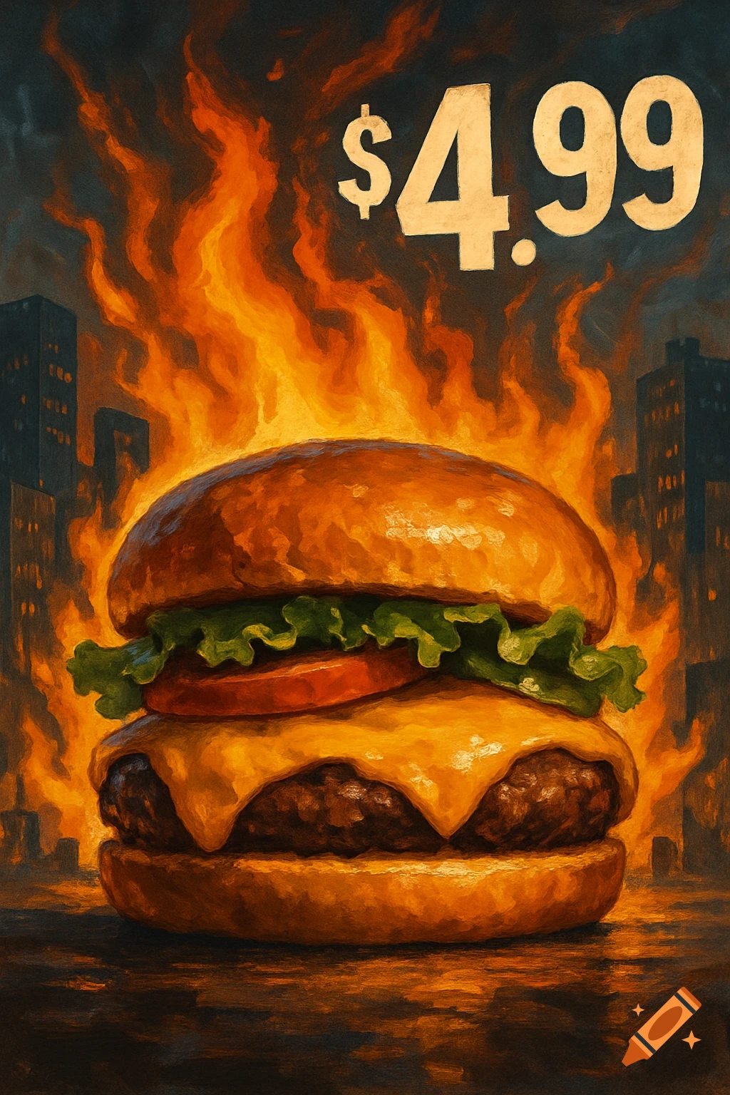 A hamburger with melted cheese against flames and a city skyline, with a price tag showing $4.99 in a painterly style.