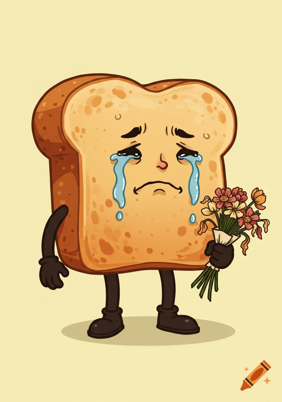 A cartoon slice of toast is crying and holding a small bouquet of dried flowers.