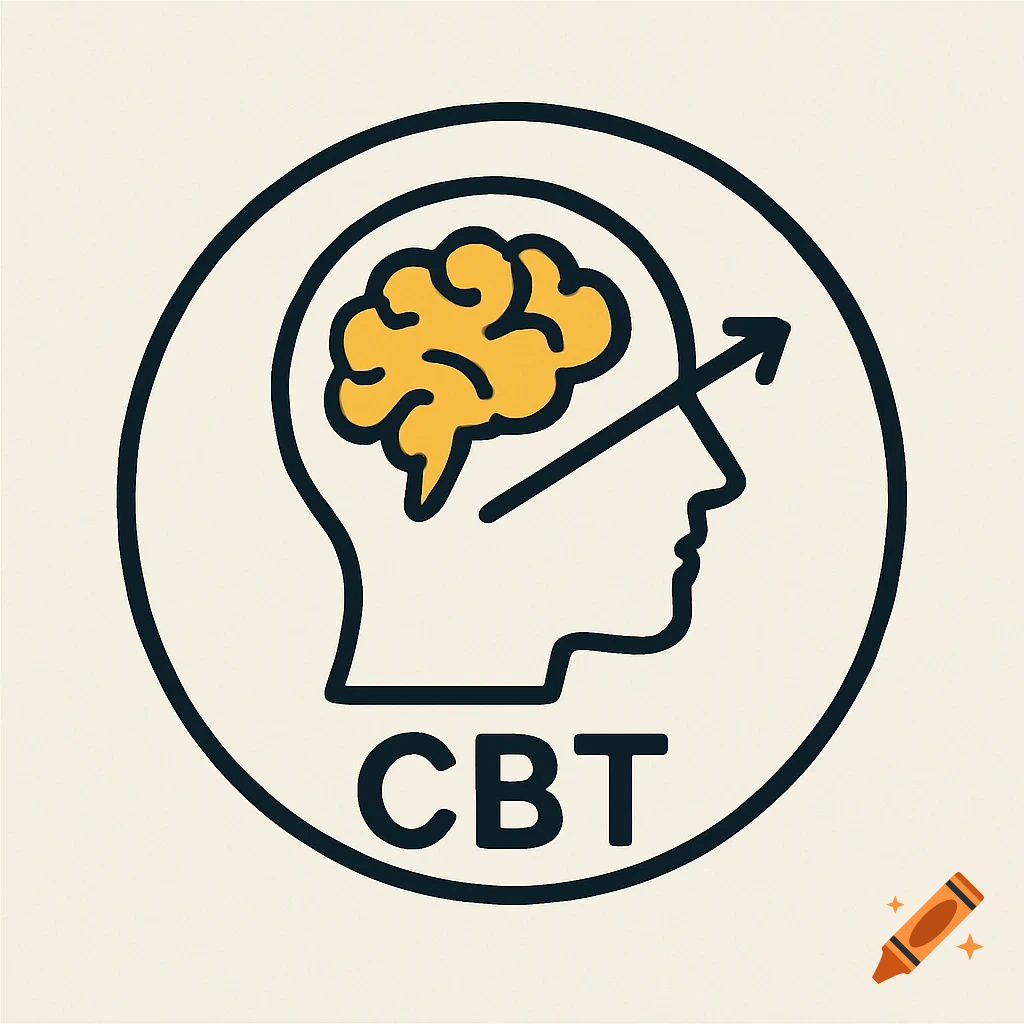Simple illustration logo for CBT featuring a head, brain, arrow, and text 'CBT' inside a circle.