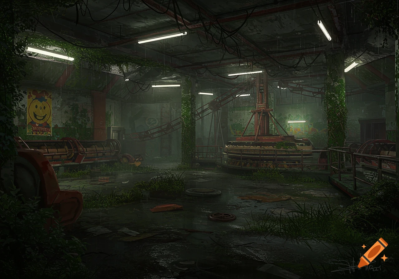 An abandoned indoor theme park with overgrown plants and rusty rides.