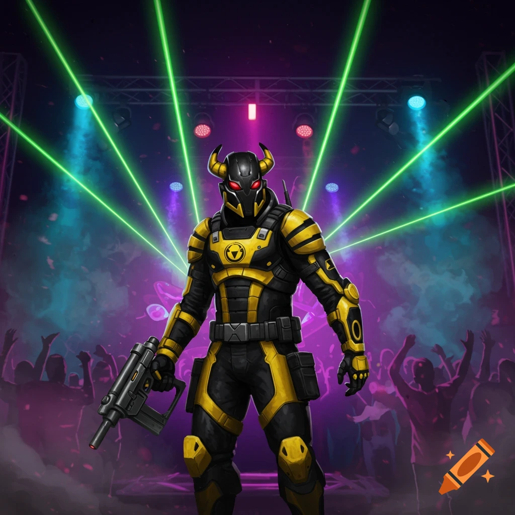 Sci-fi character in black and yellow armor with horns holding a gun at an EDM rave with lasers.