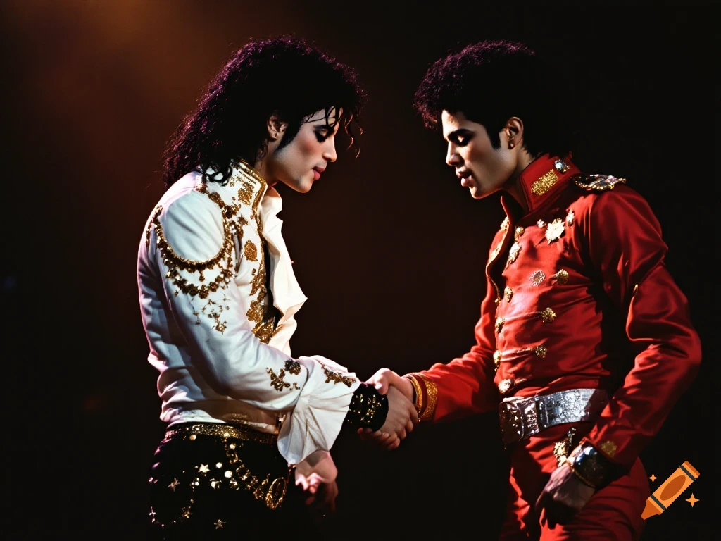 Two figures resembling Michael Jackson and Prince shake hands, wearing decorated jackets on a stage.