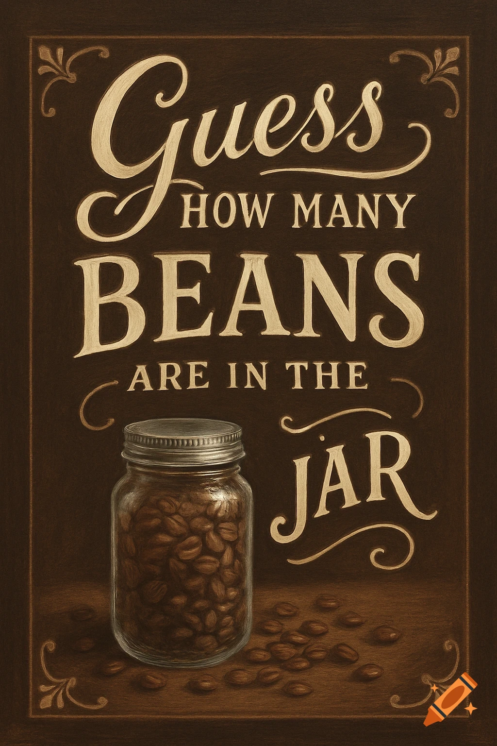 Illustration of a jar of coffee beans with text 'Guess how many beans are in the jar' and fancy lettering on a brown background.