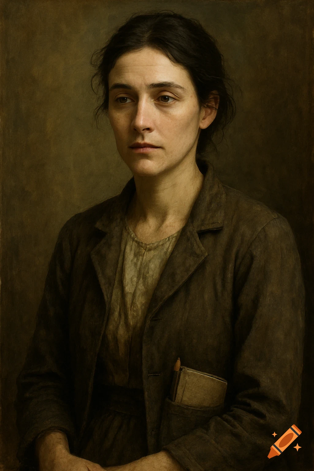 Realistic portrait of a woman in dark historical clothing holding a book and pencil.
