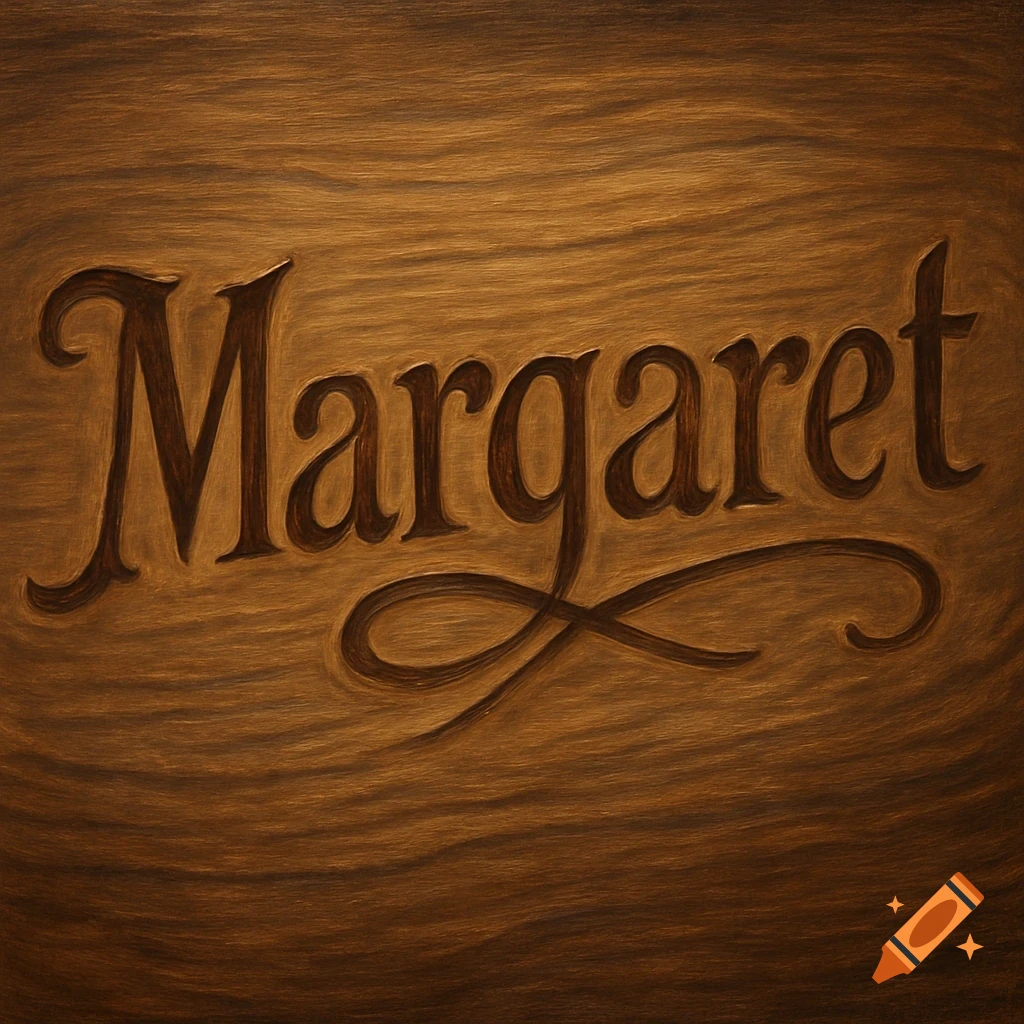 The name Margaret carved into wood.