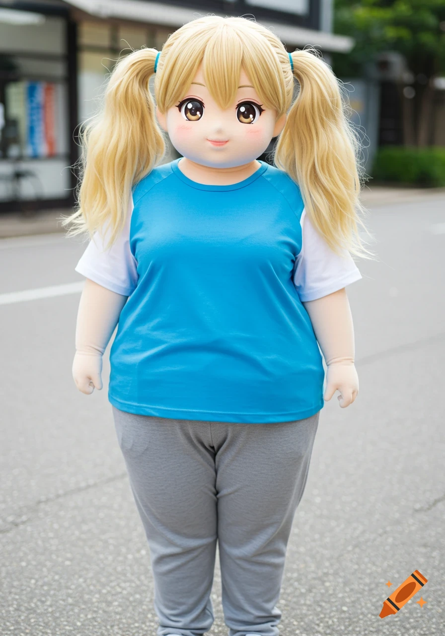 Person in anime-style kigurumi mask, blue and white shirt, and gray pants stands on a street.